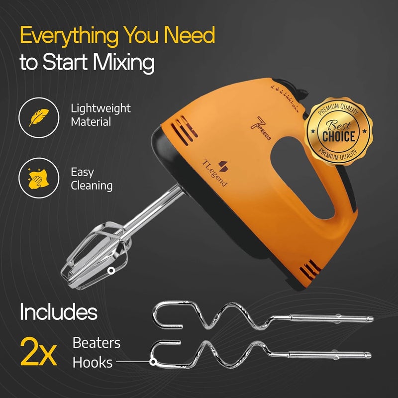 TechnoLegend Hand Mixer Electric Handheld – 7 Speed Ultra Power Electric Mixer Handheld (Orange) - Image 2